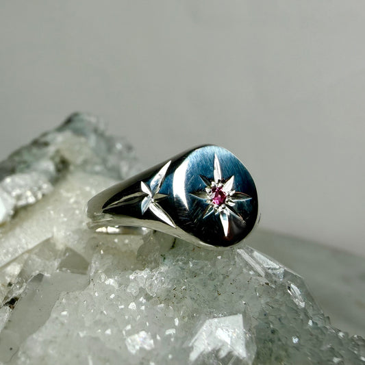 Pink Tourmaline Starburst Engraved Signet Ring | Sterling Silver
