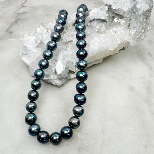 Iridescent Blue Peacock Pearl Necklace | Sterling Silver