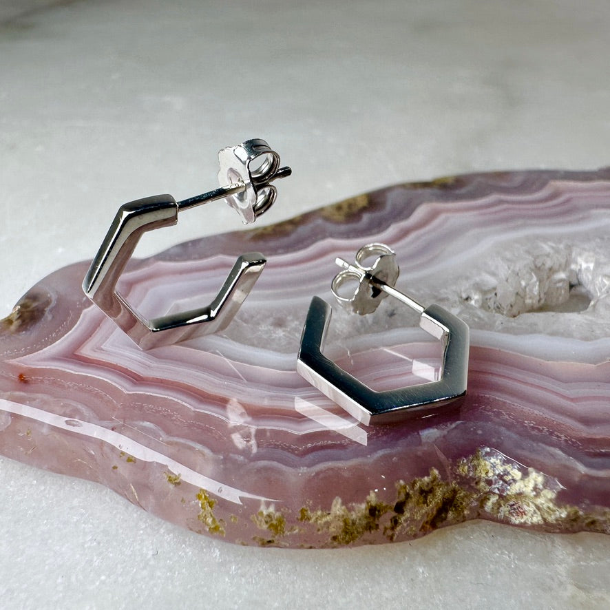 Hexagonal Hoop Earrings | Sterling Silver