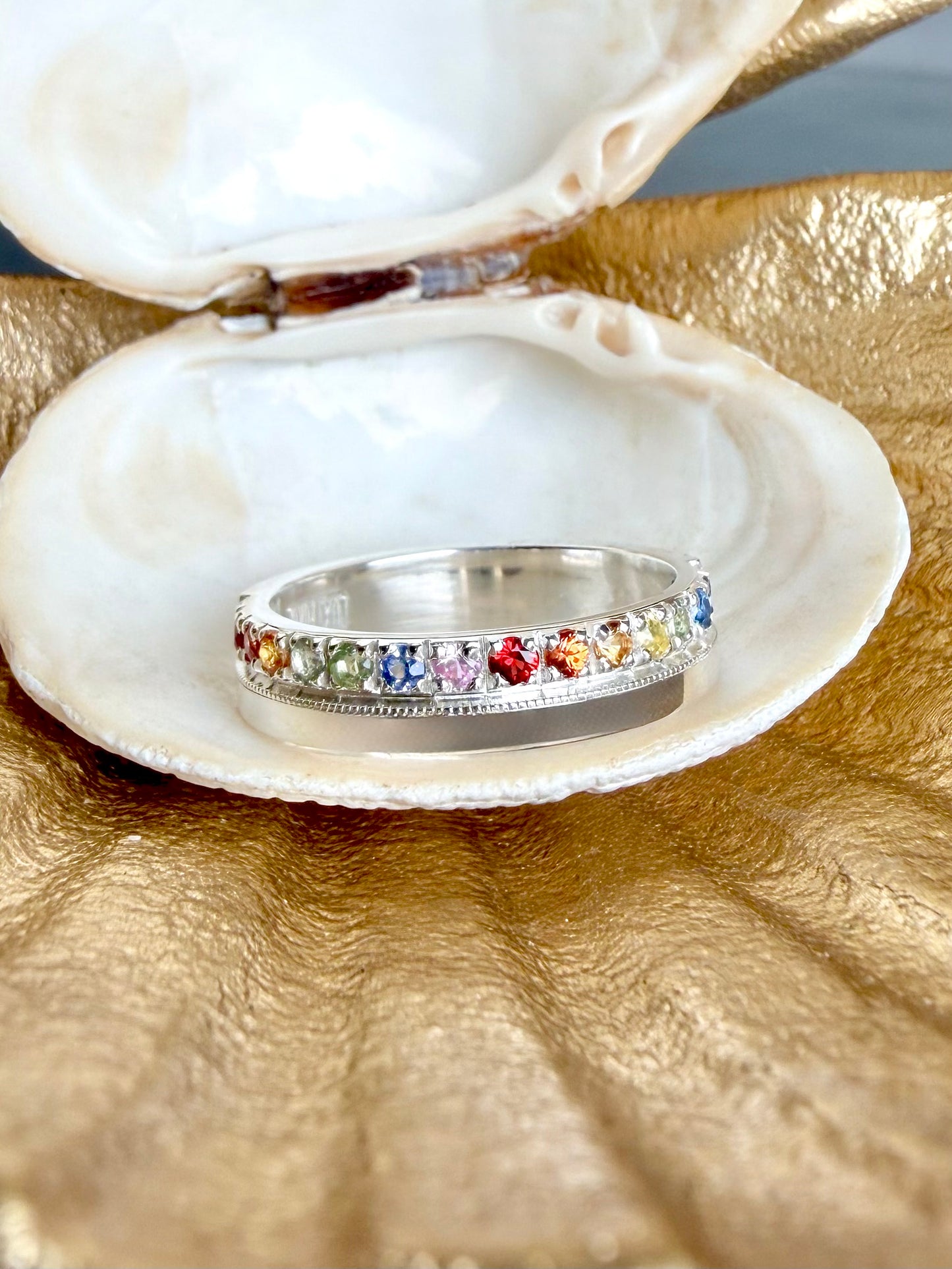 Rainbow Sapphire Flat Band Ring | Sterling Silver