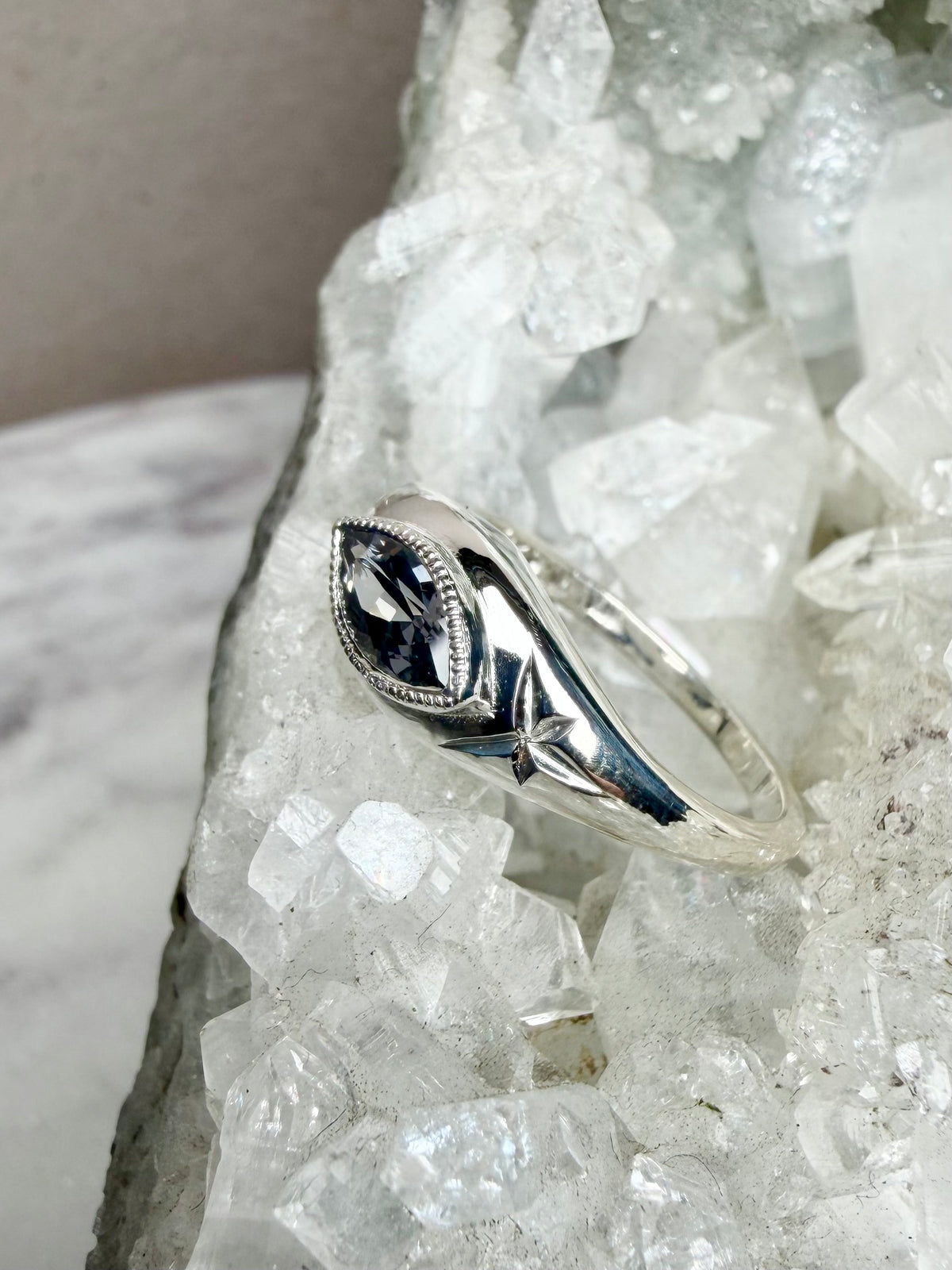 Grey Spinel Marquise Signet Ring | Sterling Silver