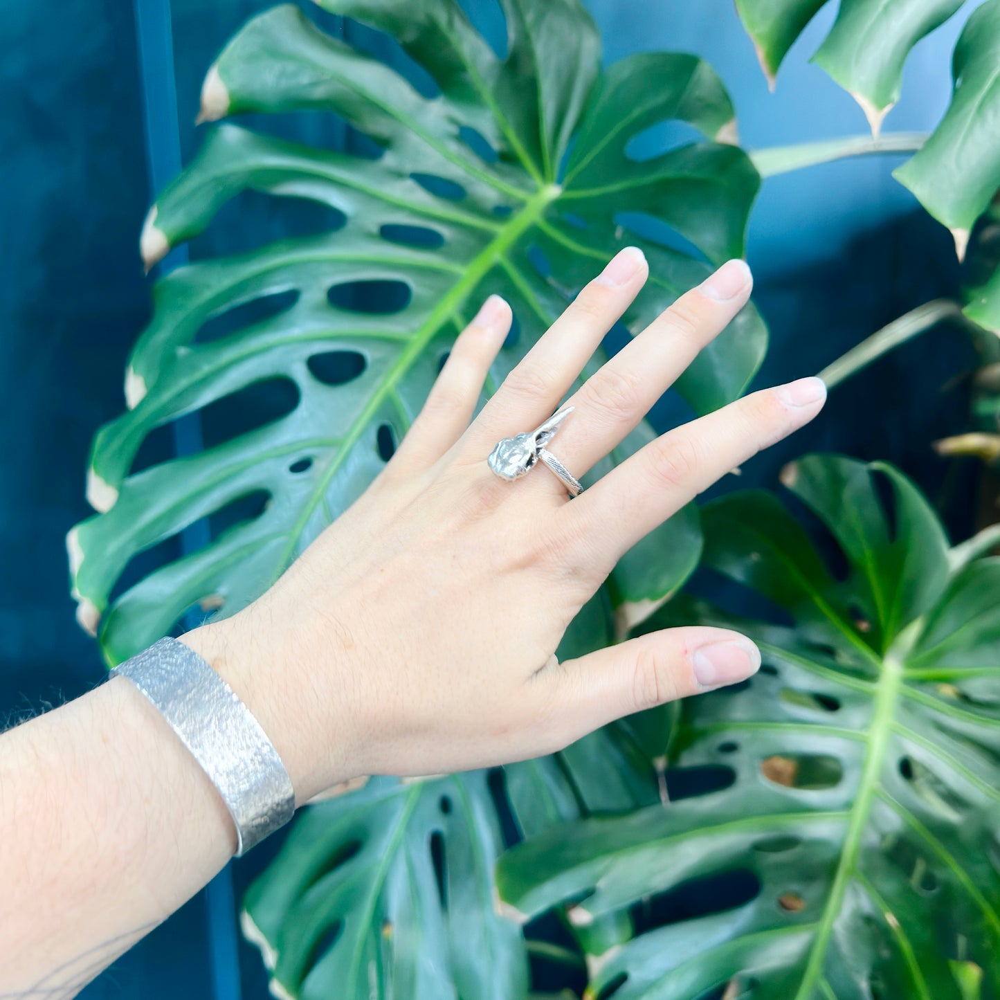 Raven Skull Ring with Organic Band | Sterling Silver