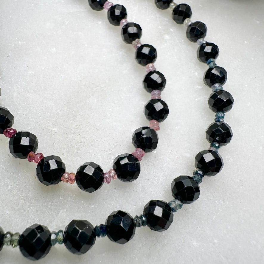 Faceted Black Spinel & Rainbow Sapphire Beaded Necklace | Sterling Silver