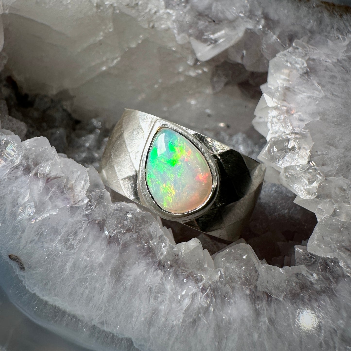 Faceted Cigar Band Ring with Ethiopian Opal