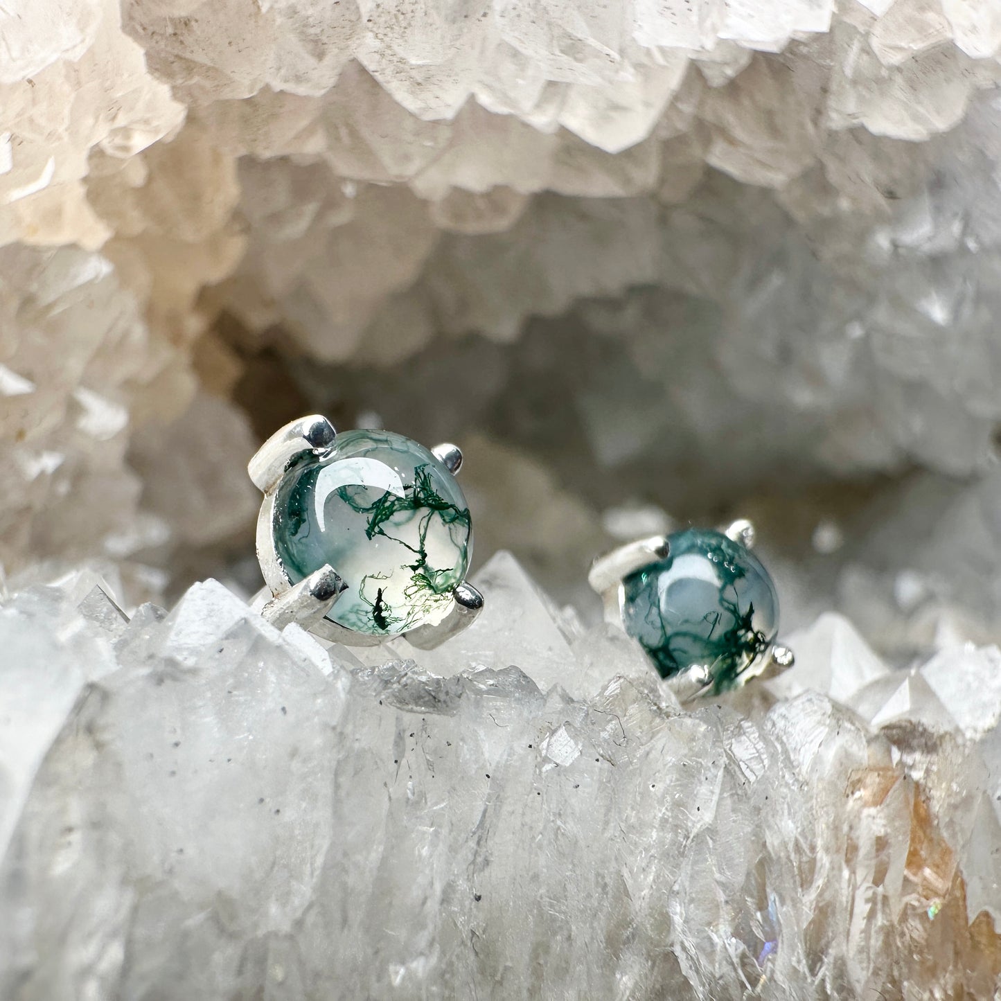 Moss Agate Stud Earrings | Sterling Silver