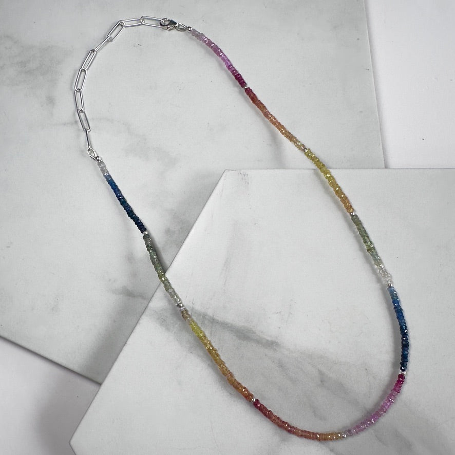 Rainbow Sapphire Necklace with Paperclip Chain