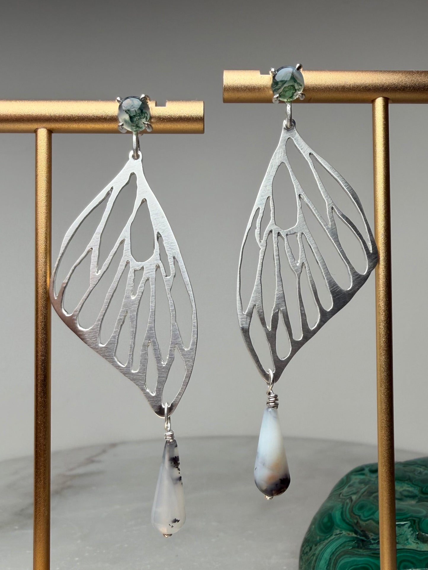 Monarch Butterfly Wing Earrings with Moss Agate & Montana Agate | Sterling Silver