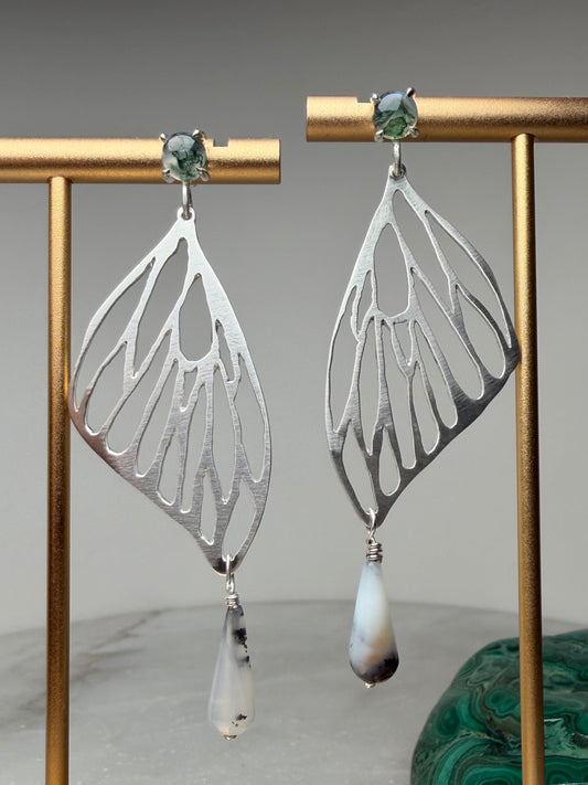 Monarch Butterfly Wing Earrings with Moss Agate & Montana Agate | Sterling Silver