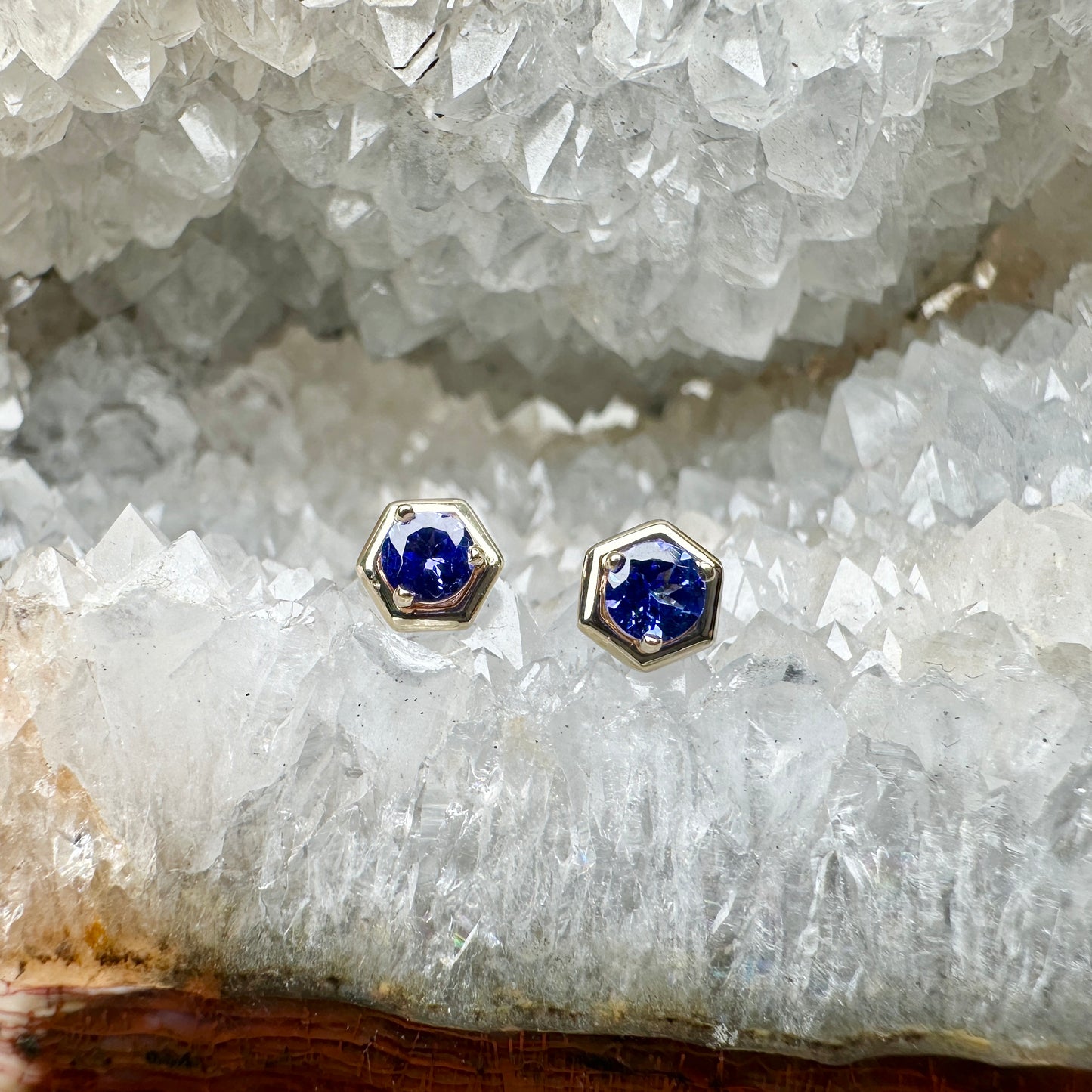 Tanzanite Hex Studs | 14k Yellow Gold