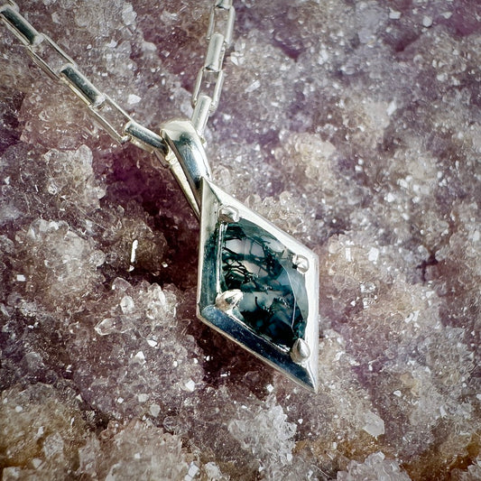 Moss Agate Marquise Geometric Pendant | Sterling Silver
