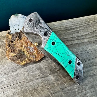 Tanto Style Damascus Steel Blade and Turquoise Resin Handle Utility Knife