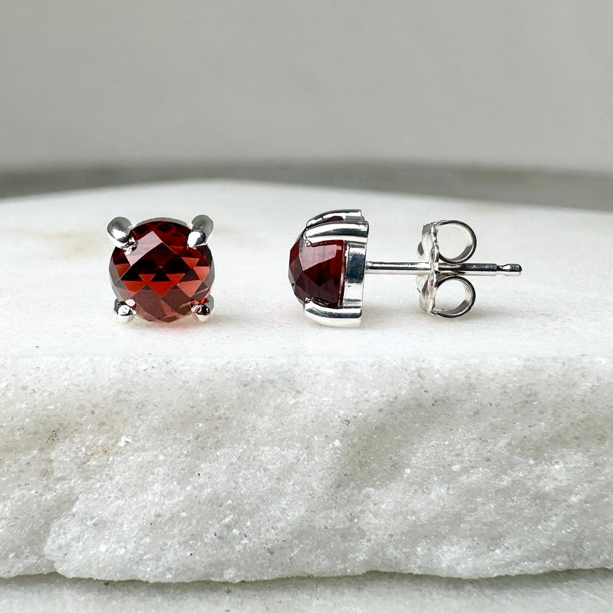 Rose Cut Red Garnet Stud Earrings | Sterling Silver