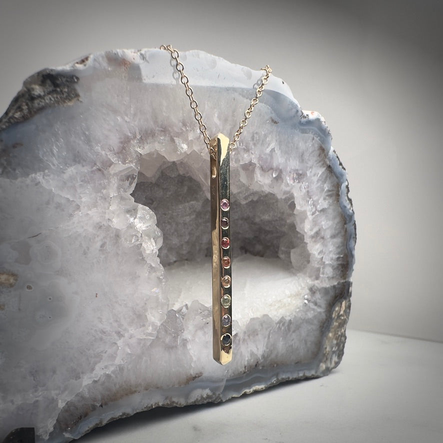 Rainbow Sapphire Bar Pendant | 14k Gold