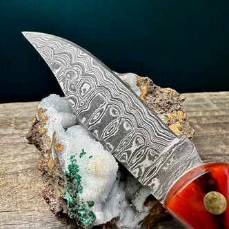 Damascus Steel Knife with Wood Patterned Red Resin Handle