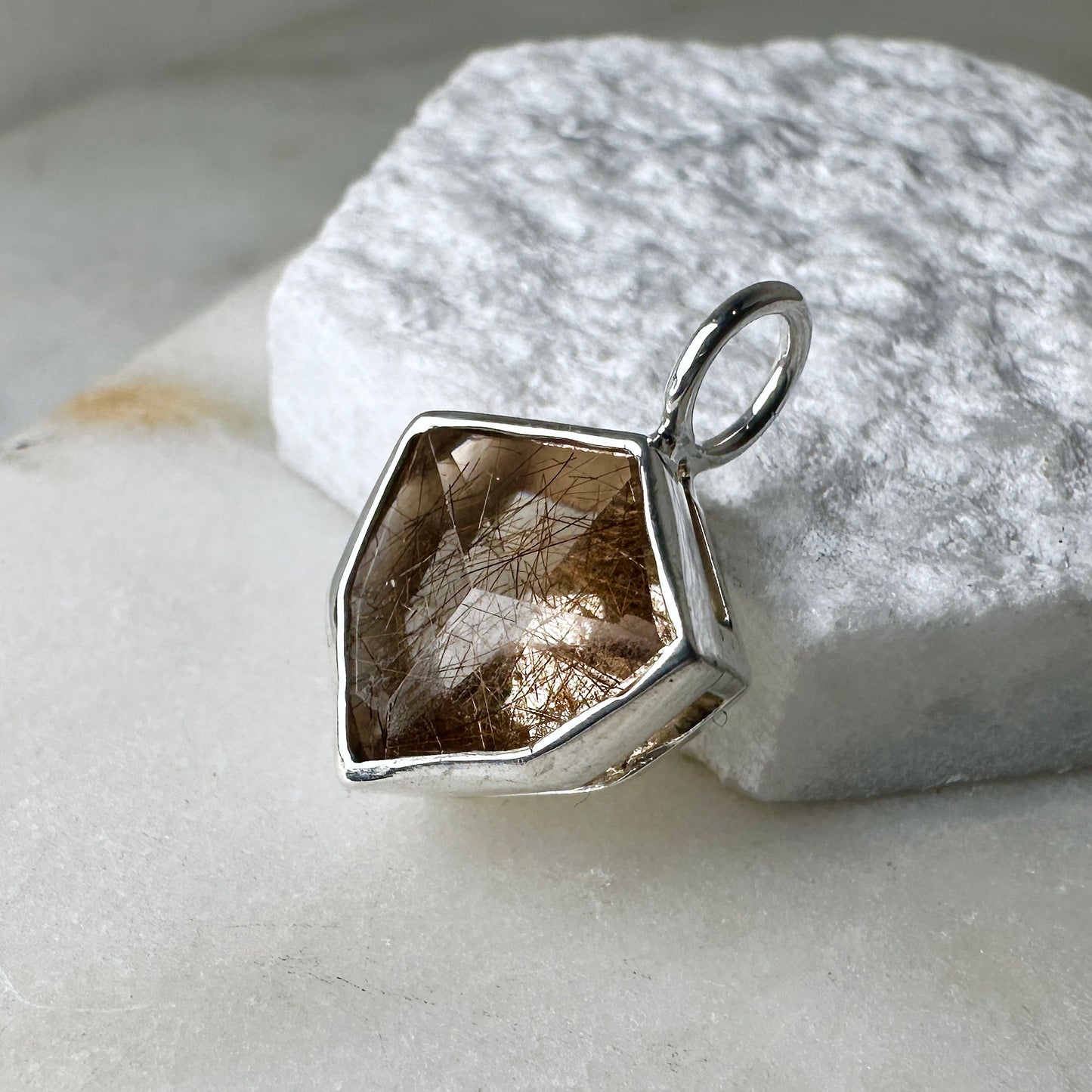 Geometric Rutile Quartz Charm Pendant | Sterling Silver