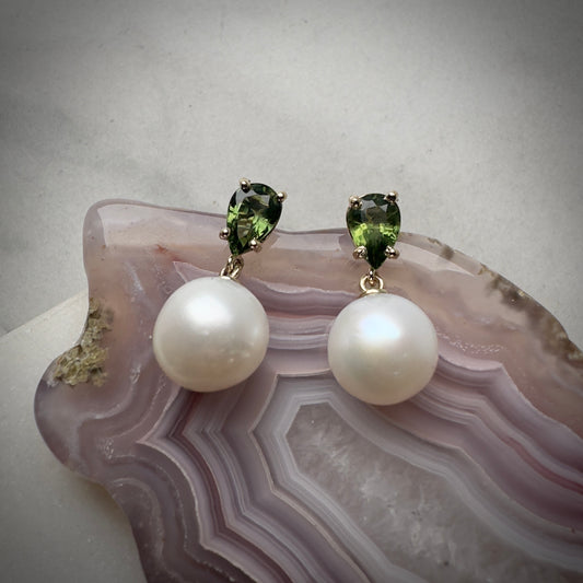 Green Australian Sapphire and Freshwater Pear Drop Earrings | 14k Yellow Gold
