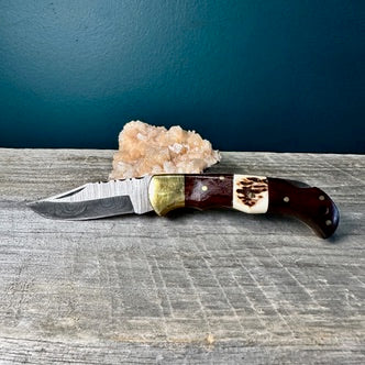Damascus Steel and Wood with Antler Accent Utility Knife