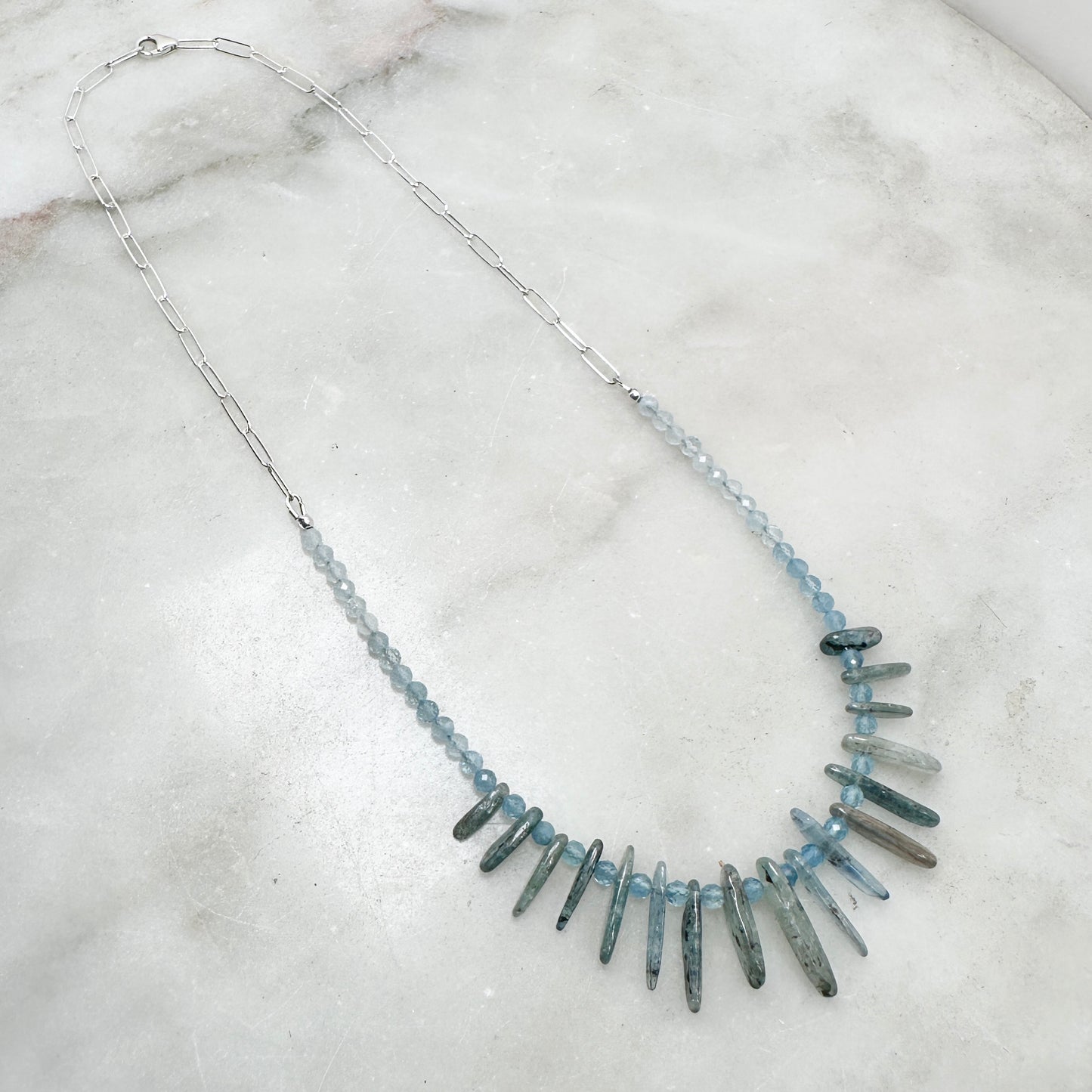 Aquamarine and Kyanite Beaded Necklace | Sterling Silver