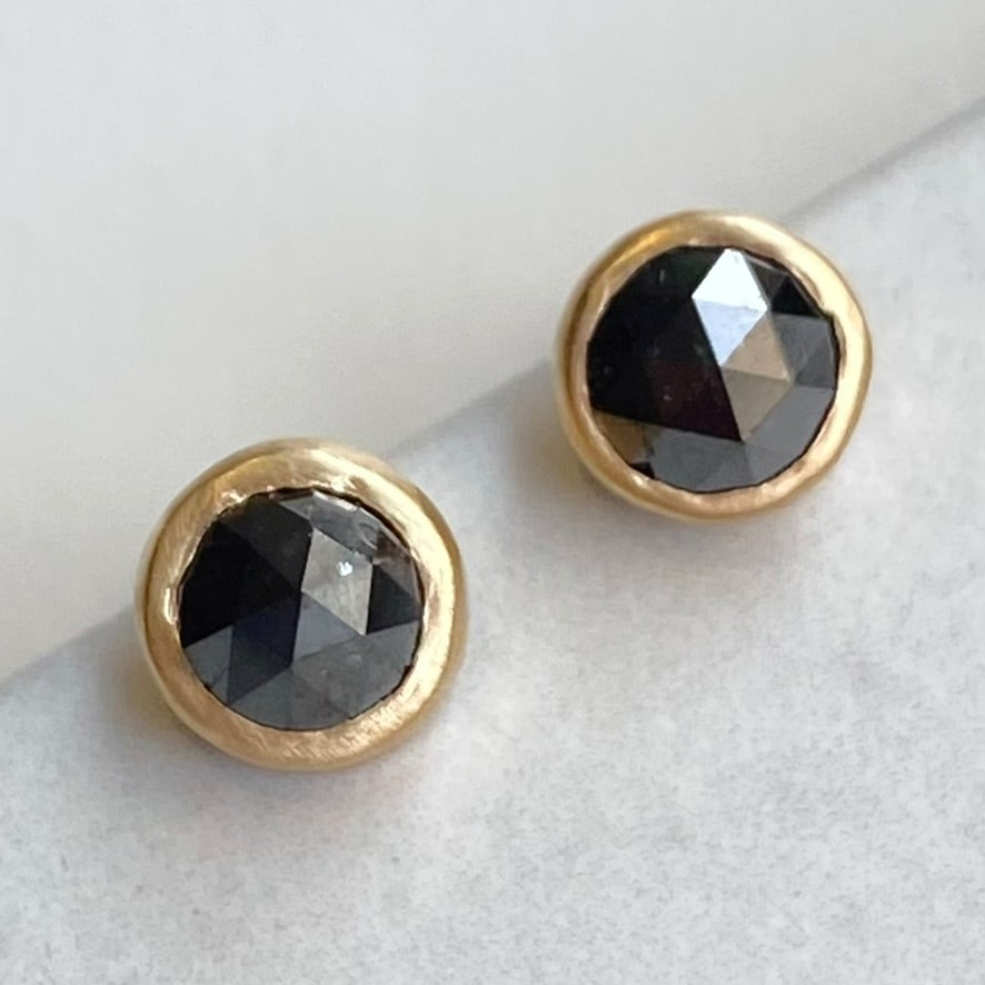 Black Diamond Stud Earrings in 14k Yellow Gold