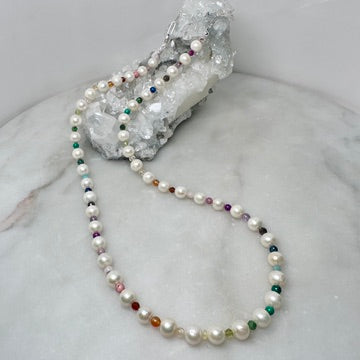 Rainbow Gemstone & White Pearl Necklace | Sterling Silver