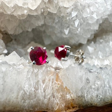 Rose Cut Ruby Stud Earrings | Sterling Silver