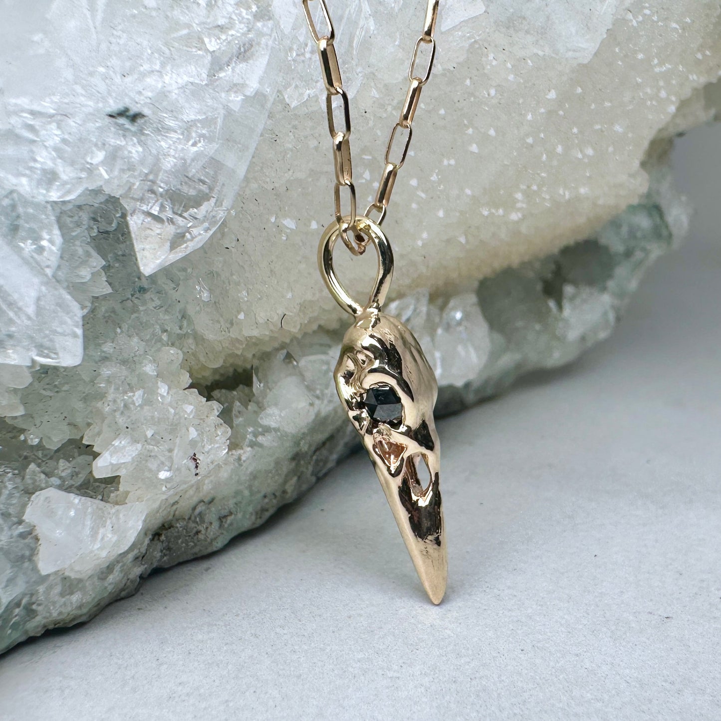 Raven Skull Pendant with Black Diamond Eyes | 14k Yellow Gold