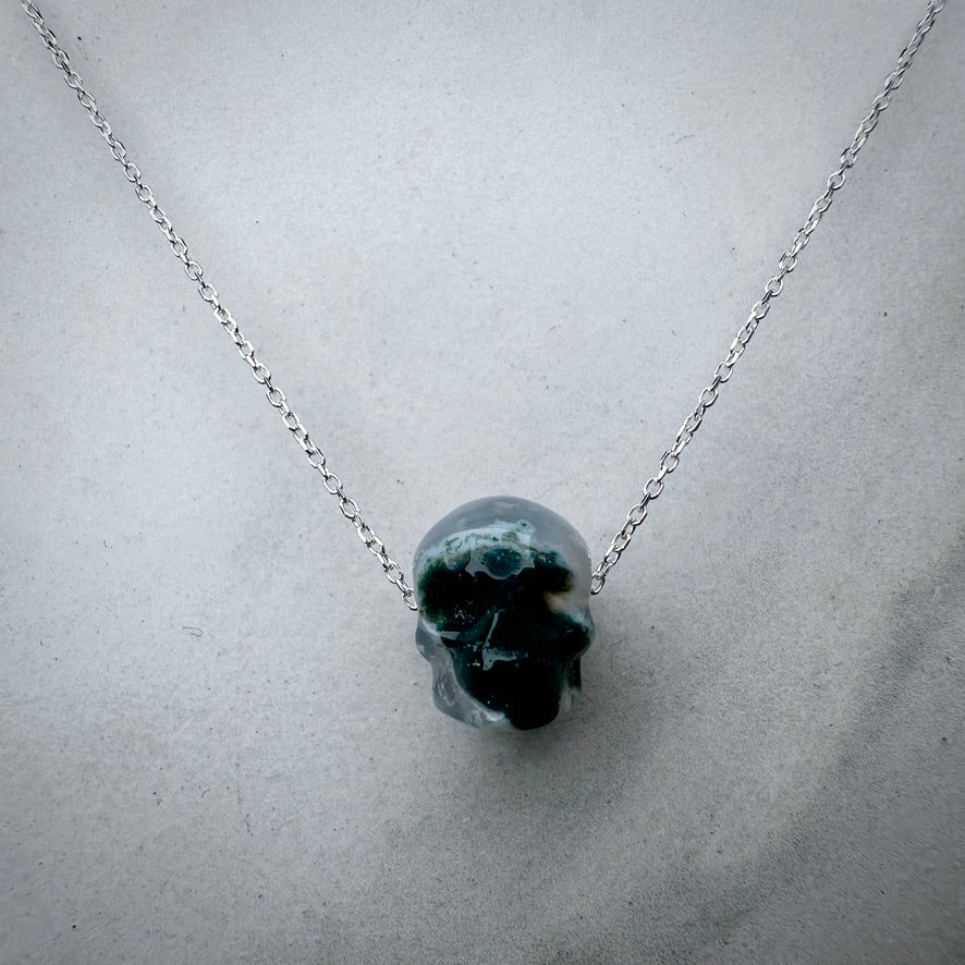 Moss Agate Carved Skull Floating Necklace | Sterling Silver