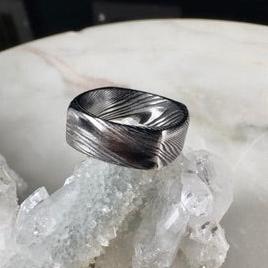 Etched Damascus Steel Ring with Square Profile