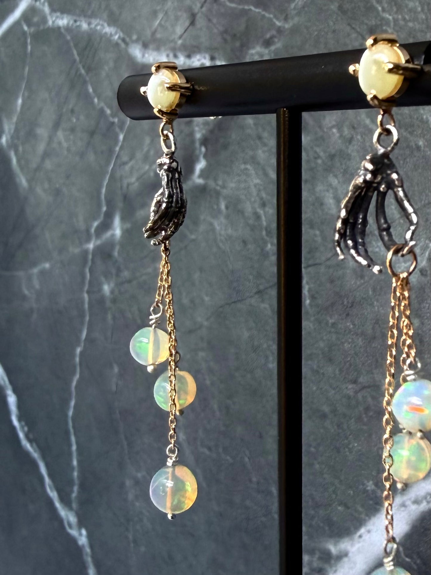 Handiwork Opal & Chrysoberyl Earrings | Two Tone Blackened Silver and 14k Yellow Gold