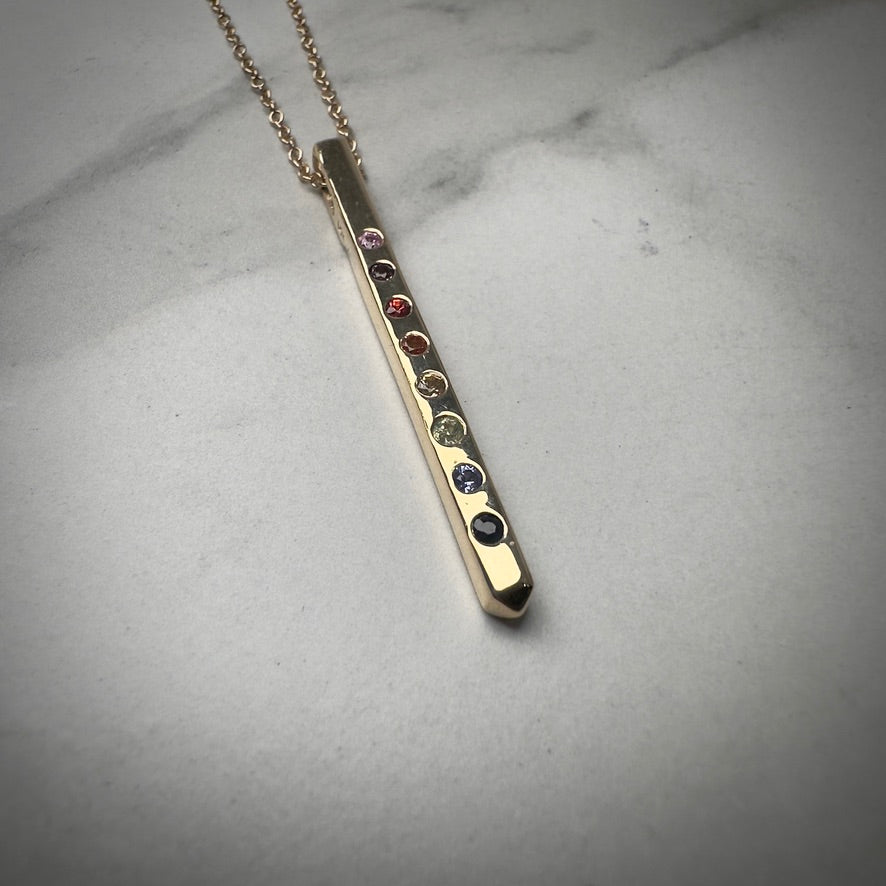 Rainbow Sapphire Bar Pendant | 14k Gold
