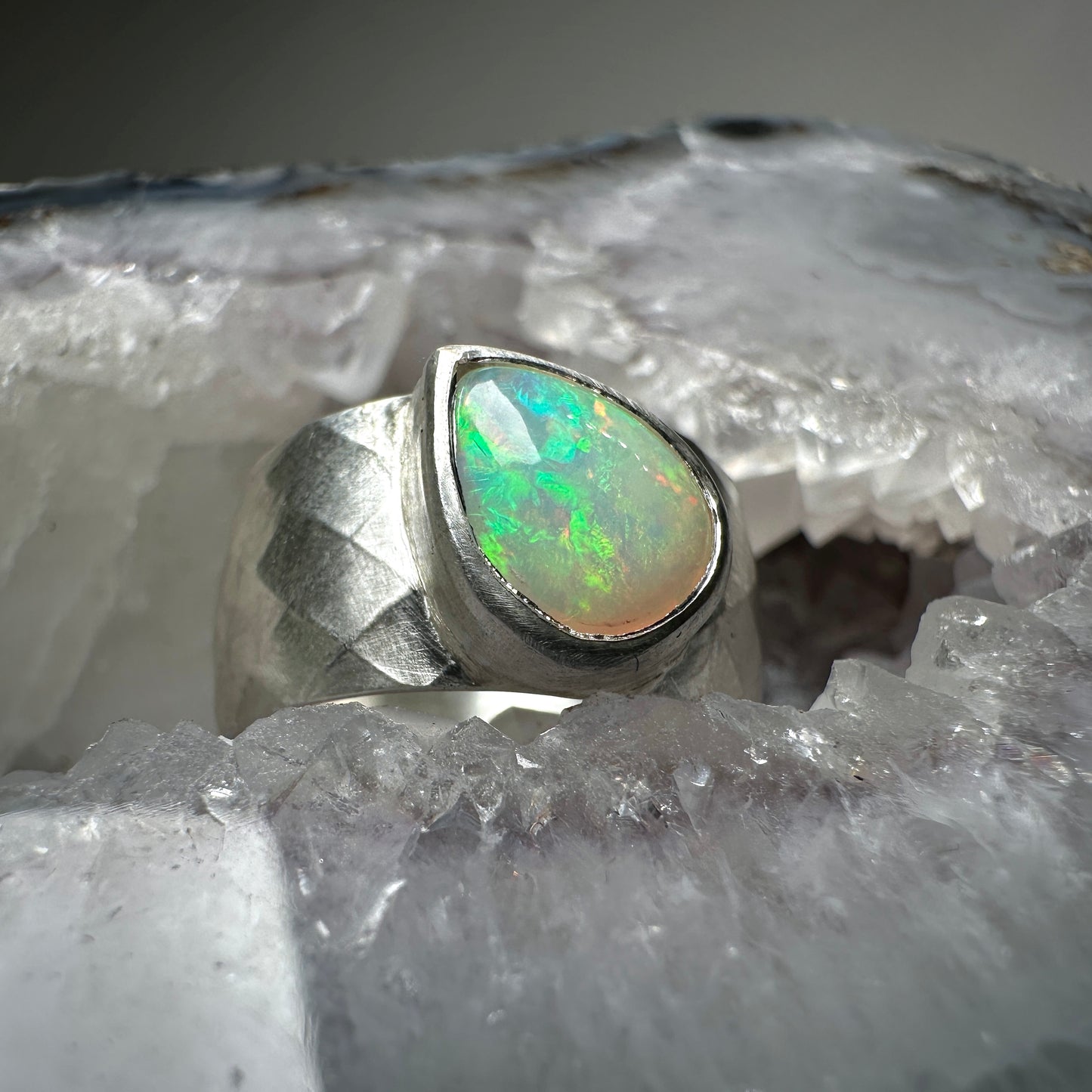 Faceted Cigar Band Ring with Ethiopian Opal