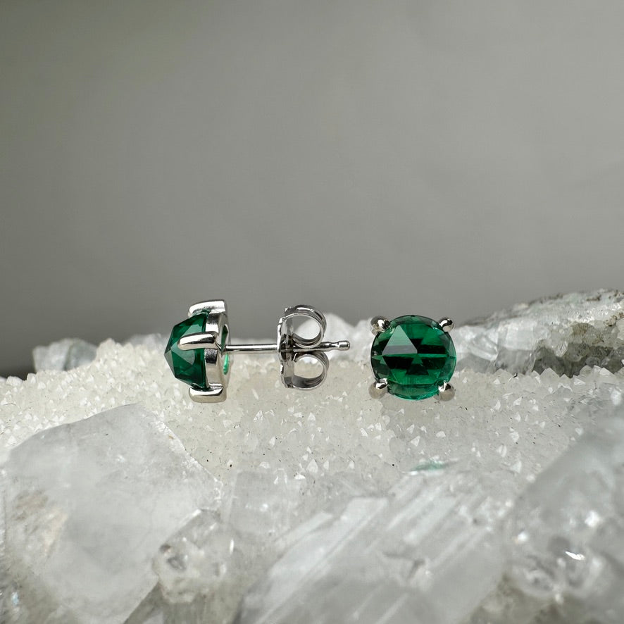 Lab Grown Emerald 4-Prong Stud Earrings | 14k White Gold