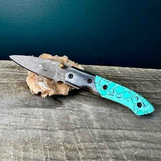 Damascus Steel and Turquoise Resin Utility Knife