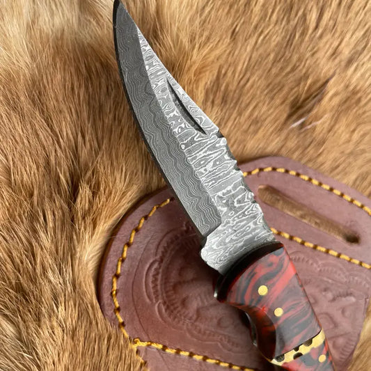 Damascus Steel Knife with Wood Patterned Red Resin Handle