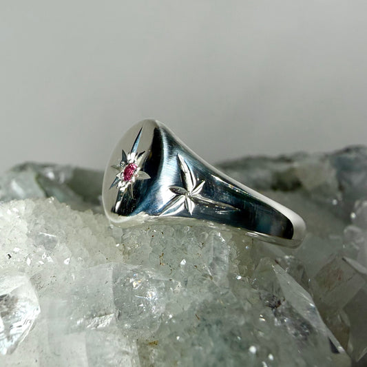 Pink Tourmaline Starburst Engraved Signet Ring | Sterling Silver