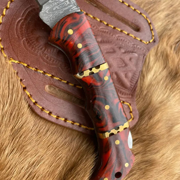 Damascus Steel Knife with Wood Patterned Red Resin Handle