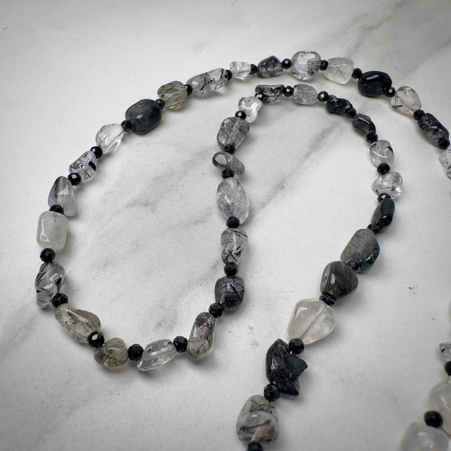 Black Tourmaline Quartz & Black Spinel Beaded Necklace