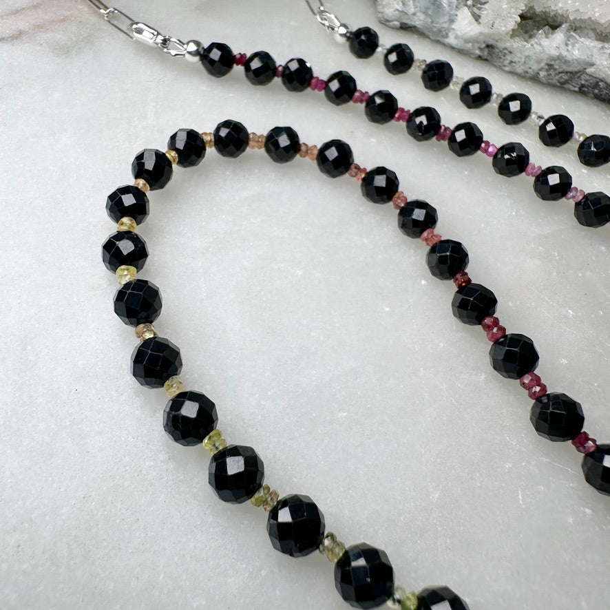 Faceted Black Spinel & Rainbow Sapphire Beaded Necklace | Sterling Silver