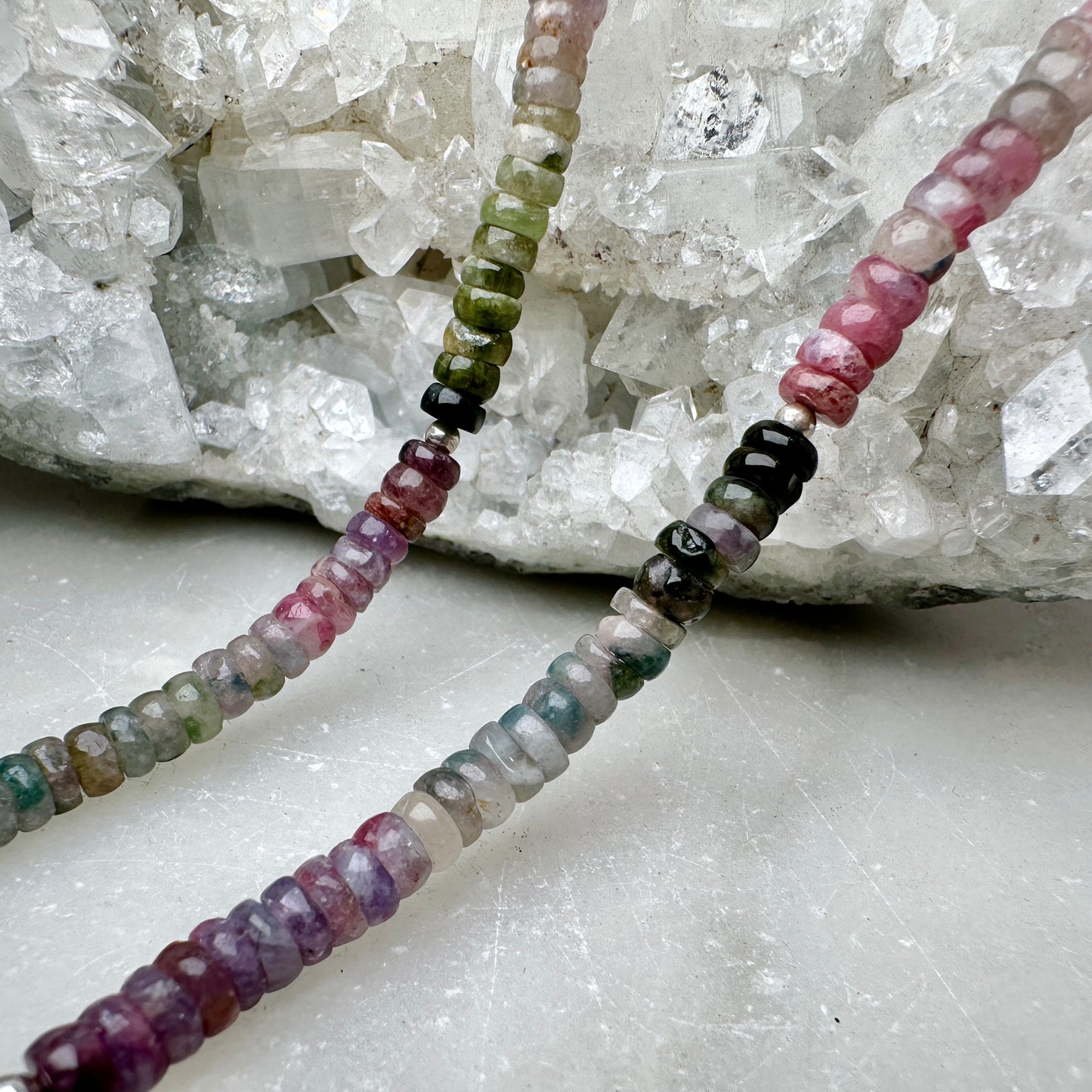 Watermelon Tourmaline Beaded Necklace | Sterling Silver