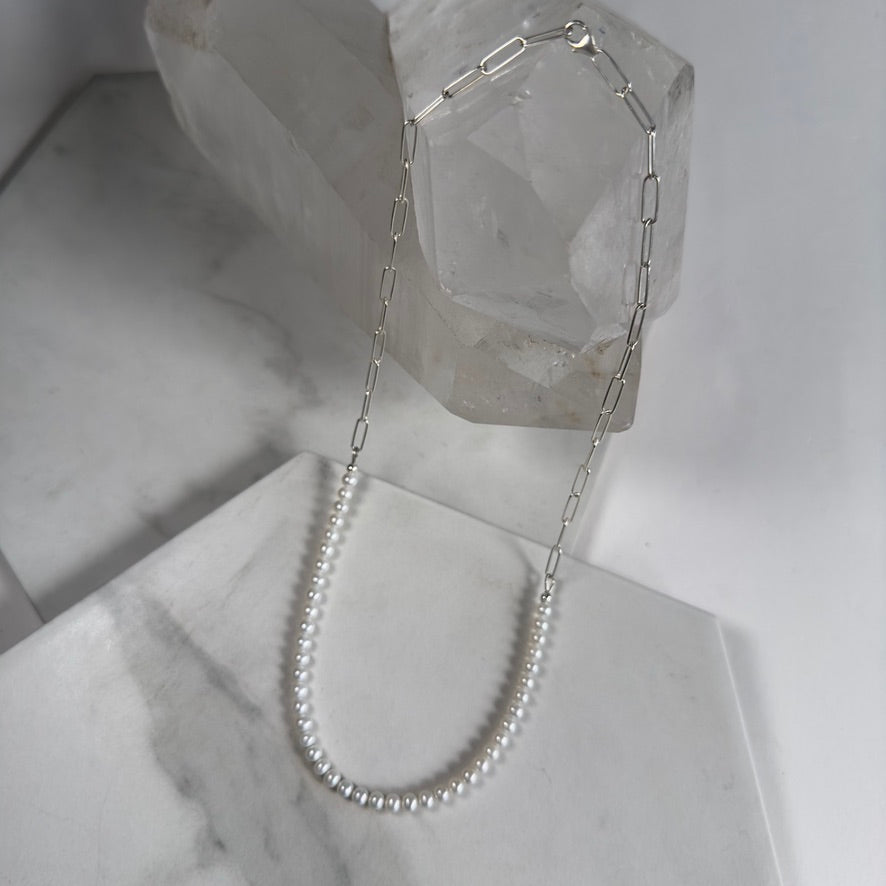 White Pearl Necklace with Paperclip Chain