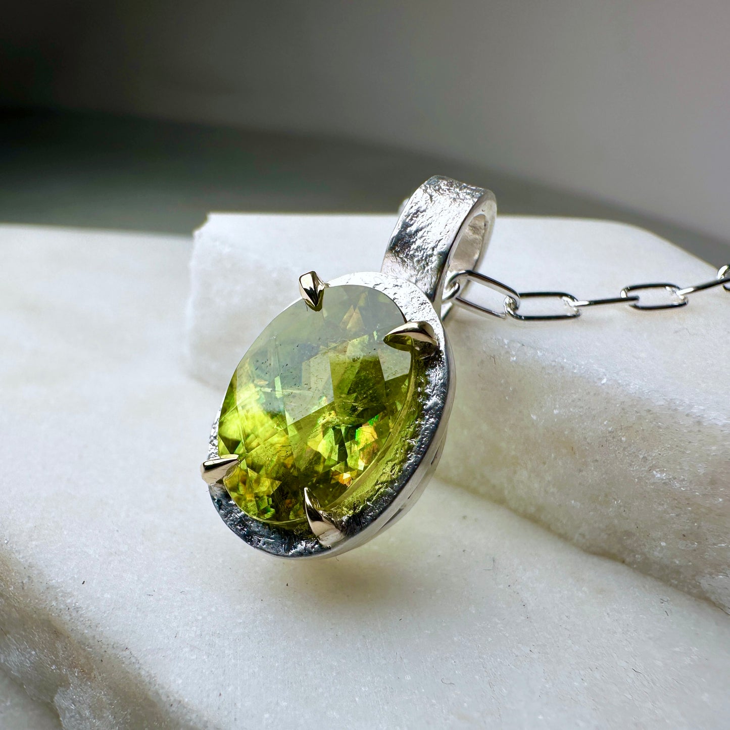 Chartreuse Sphene Granite Pendant | 14k Yellow Gold & Sterling Silver Mixed Metals