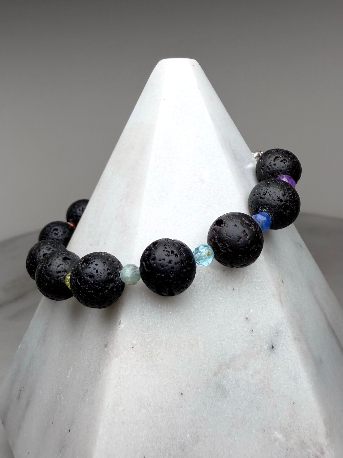 Black Lava Rock & Rainbow Gemstone Bracelet | Sterling Silver