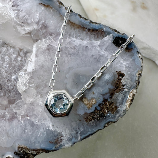 Aquamarine Hexagon Necklace | Sterling Silver
