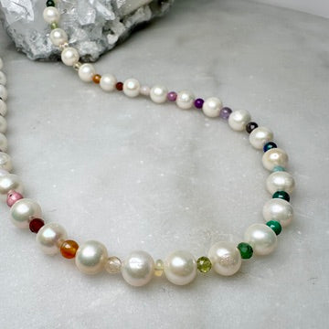 Rainbow Gemstone & White Pearl Necklace | Sterling Silver