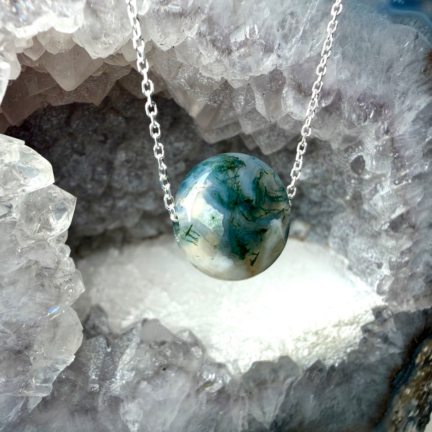 Faceted Moss Agate Floating Necklace | Sterling Silver