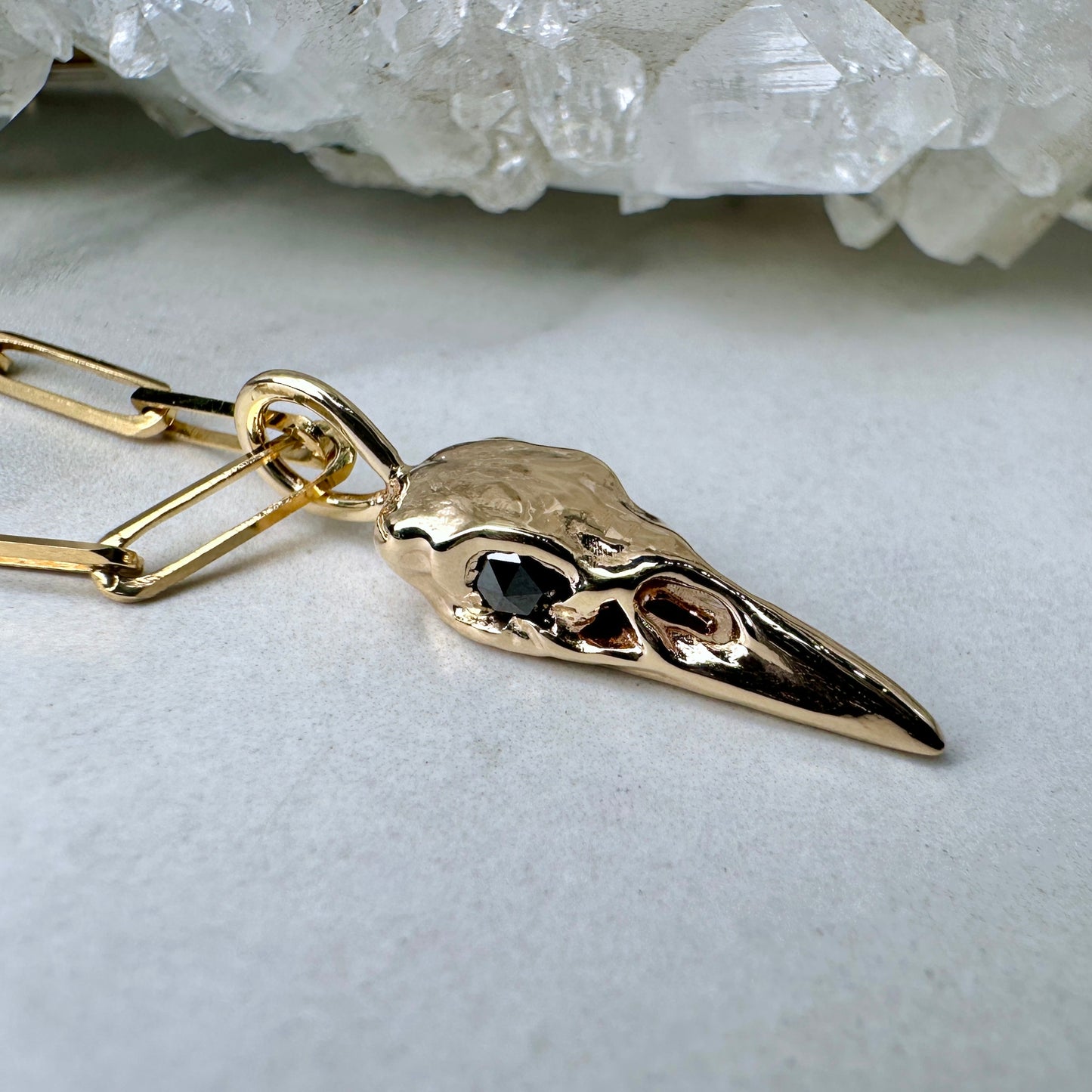 Raven Skull Pendant with Black Diamond Eyes | 14k Yellow Gold