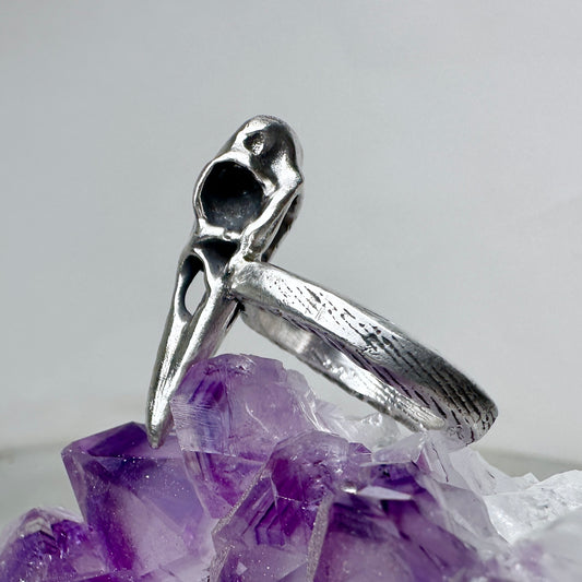 Raven Skull Ring with Organic Band | Sterling Silver