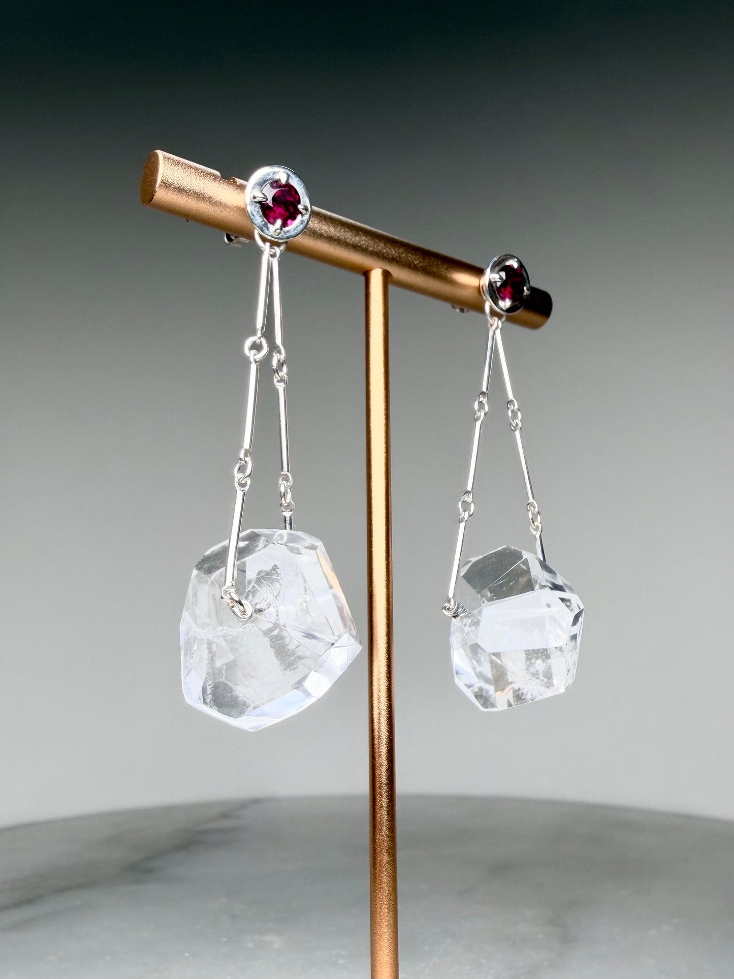 Geometric Quartz Earrings with Rhodolite Garnets | Sterling Silver