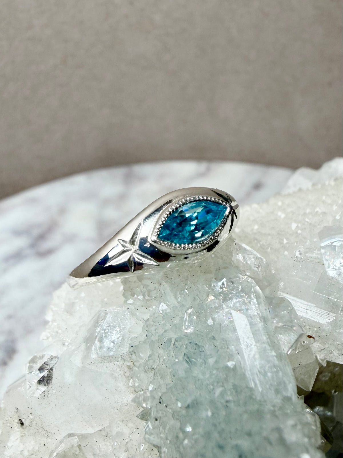 Blue Zircon Marquise Signet Ring | Sterling Silver