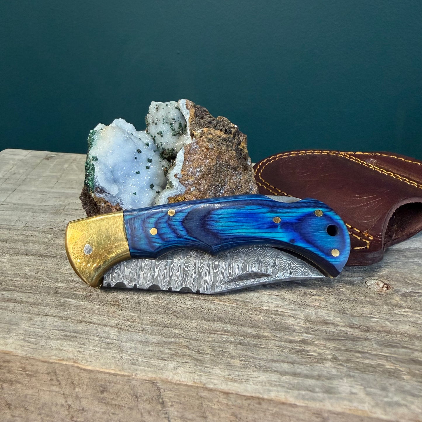 Blue Wood & Brass Folding Knife with Leather Sheath